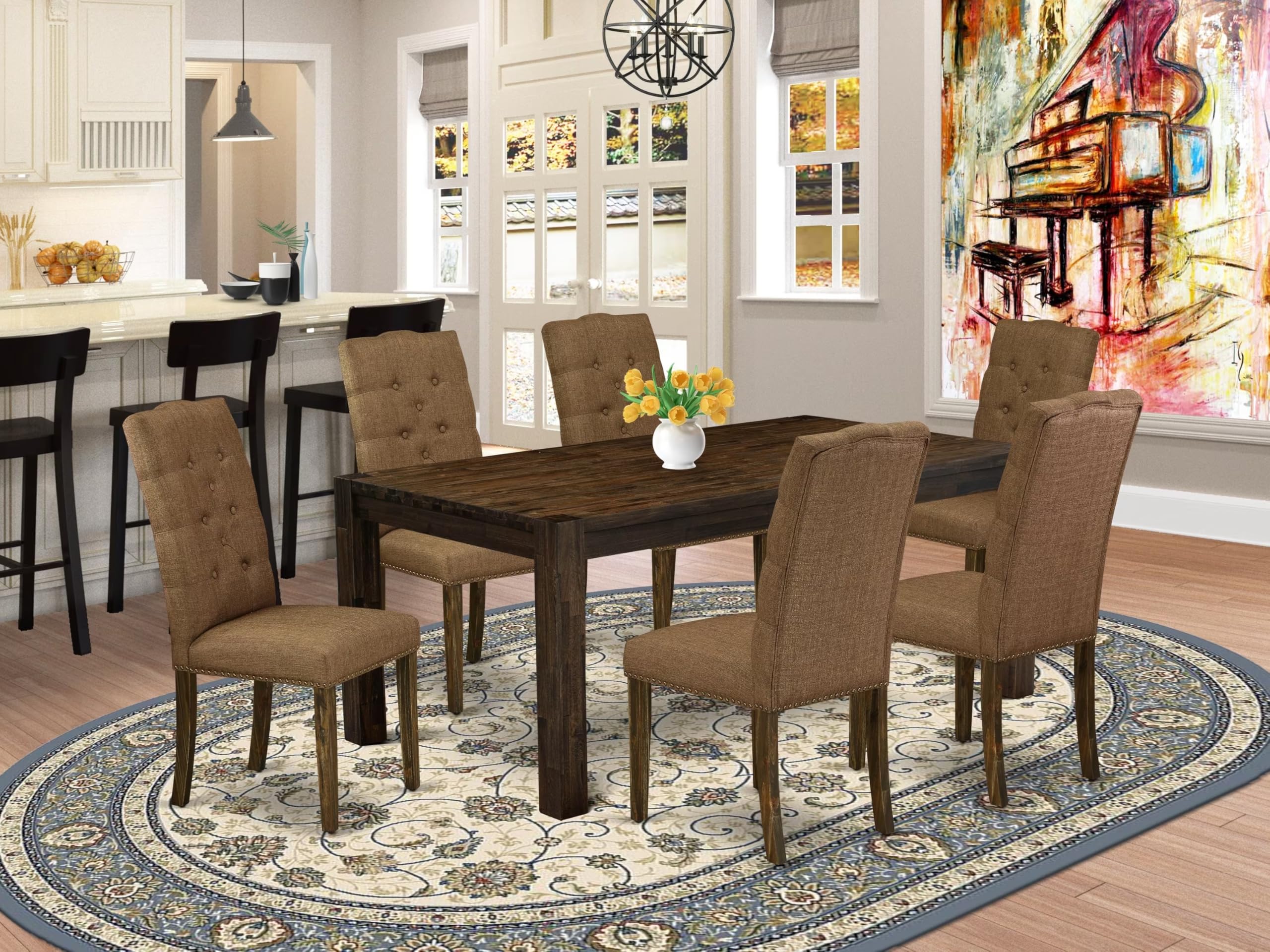 East West Furniture Lmel7-77-18 7 Piece Kitchen Table Set Consist Of A Rectangle Rustic Wood Dining Table And 6 Brown Linen Linen Fabric Parson Dining Chairs, 40X72 Inch, Jacobean